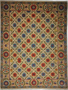 Hand Knotted Wool and Silk Ivory Traditional India Rug 7'11" x 10'2"